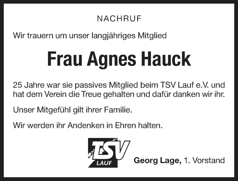  Traueranzeige für Agnes Hauck vom 03.07.2014 aus Pegnitz-Zeitung